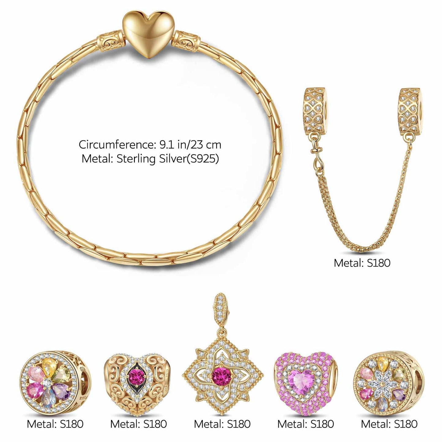 Sterling Silver Amour and Blossom Birthstone Charms Bracelet Set With Enamel In 14K Gold Plated