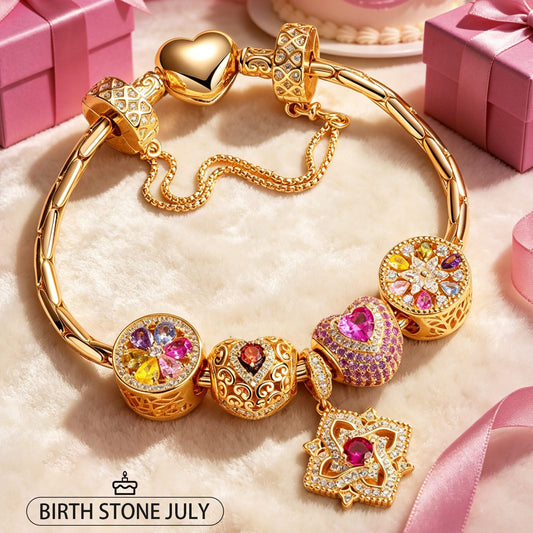 gona- Sterling Silver Amour and Blossom Birthstone Charms Bracelet Set With Enamel In 14K Gold Plated (Includes bracelet and all charms shown)