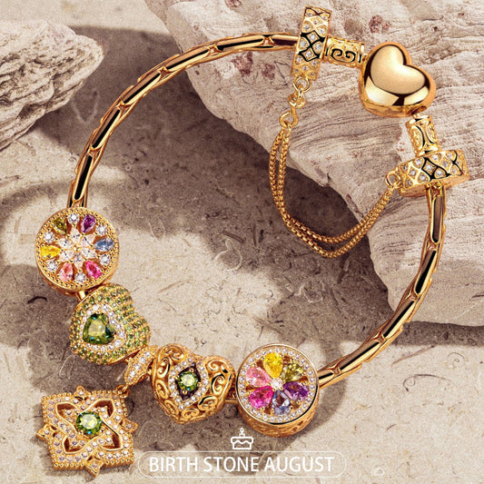 gona- Sterling Silver Amour and Blossom Birthstone Charms Bracelet Set With Enamel In 14K Gold Plated (Includes bracelet and all charms shown)