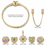 Sterling Silver Amour and Blossom Birthstone Charms Bracelet Set With Enamel In 14K Gold Plated (Includes bracelet and all charms shown)