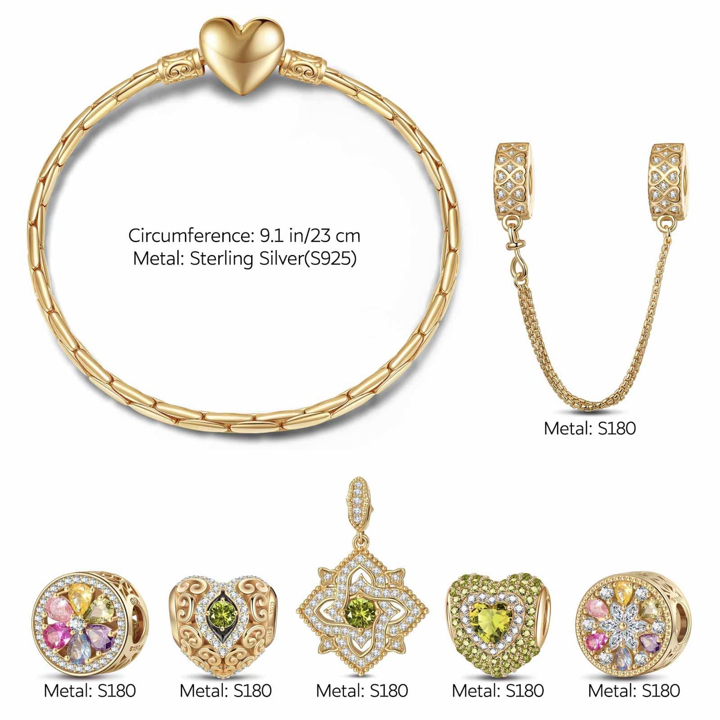 Sterling Silver Amour and Blossom Birthstone Charms Bracelet Set With Enamel In 14K Gold Plated (Includes bracelet and all charms shown)