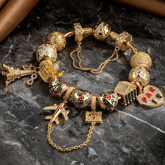 gona- Sterling Silver Romantic Paris Stroll Charms Bracelet Set With Enamel In 14K Gold Plated (Includes bracelet and all charms shown)
