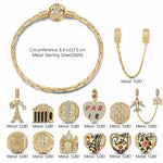 Sterling Silver Romantic Paris Stroll Charms Bracelet Set With Enamel In 14K Gold Plated