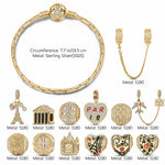 Sterling Silver Romantic Paris Stroll Charms Bracelet Set With Enamel In 14K Gold Plated (Includes bracelet and all charms shown)