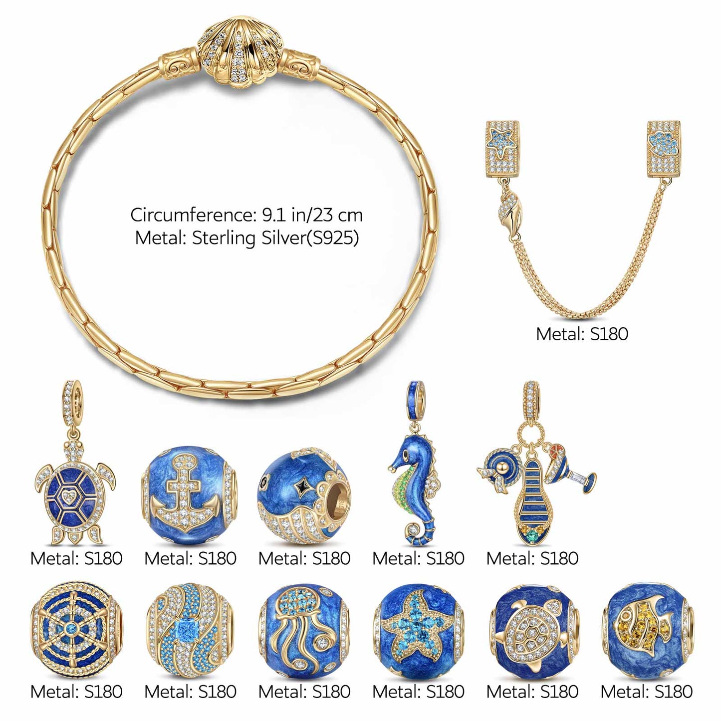 Sterling Silver Ocean Getaway Charms Bracelet Set With Enamel In 14K Gold Plated (Includes bracelet and all charms shown)