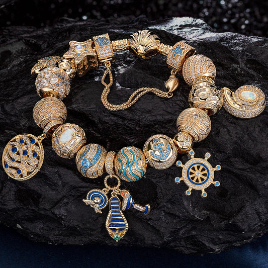gona- Sterling Silver Maritime Adventure Charms Bracelet Set With Enamel In 14K Gold Plated (Includes bracelet and all charms shown)