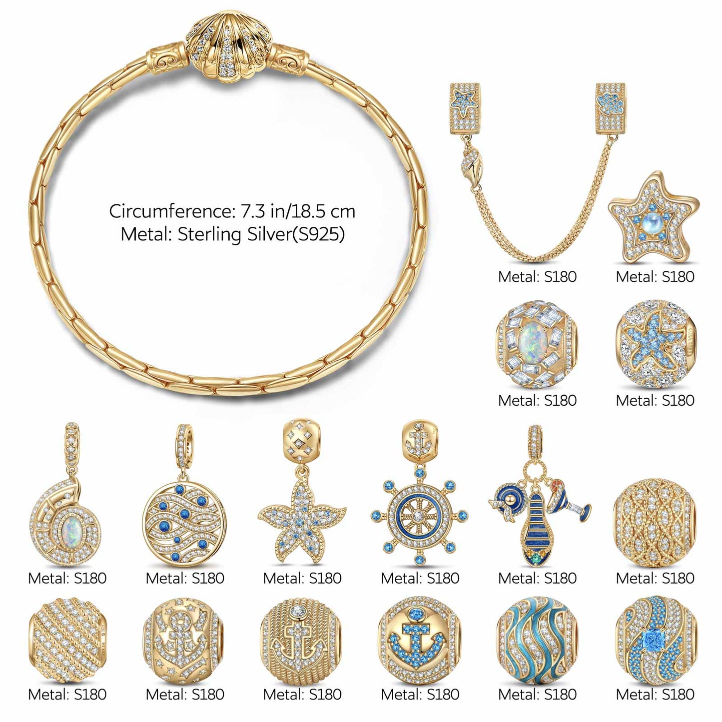 Sterling Silver Maritime Adventure Charms Bracelet Set With Enamel In 14K Gold Plated