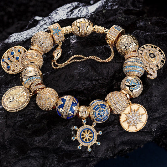 gona- Sterling Silver Adventure Awaits Charms Bracelet Set With Enamel In 14K Gold Plated (Includes bracelet and all charms shown)