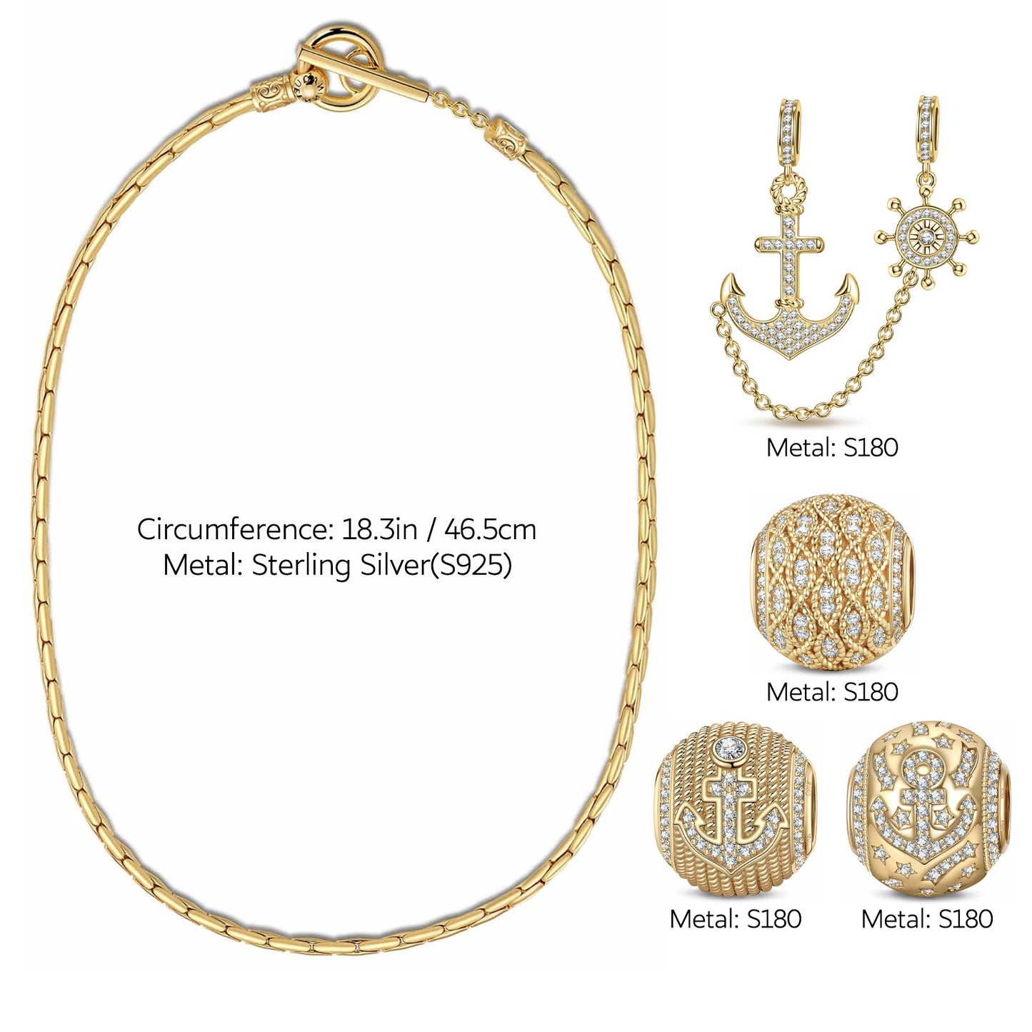 Sterling Silver Navigator Journey Charms Necklace Set In 14K Gold Plated