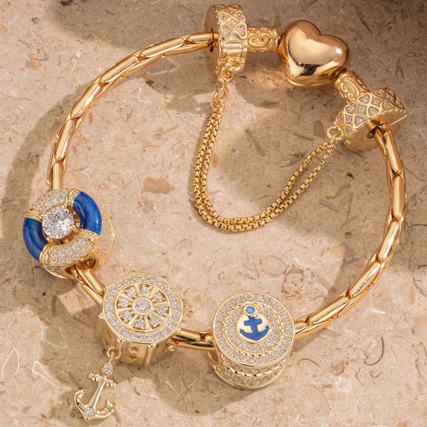 Sterling Silver Captivating Sailing Charms Bracelet Set With Enamel In 14K Gold Plated