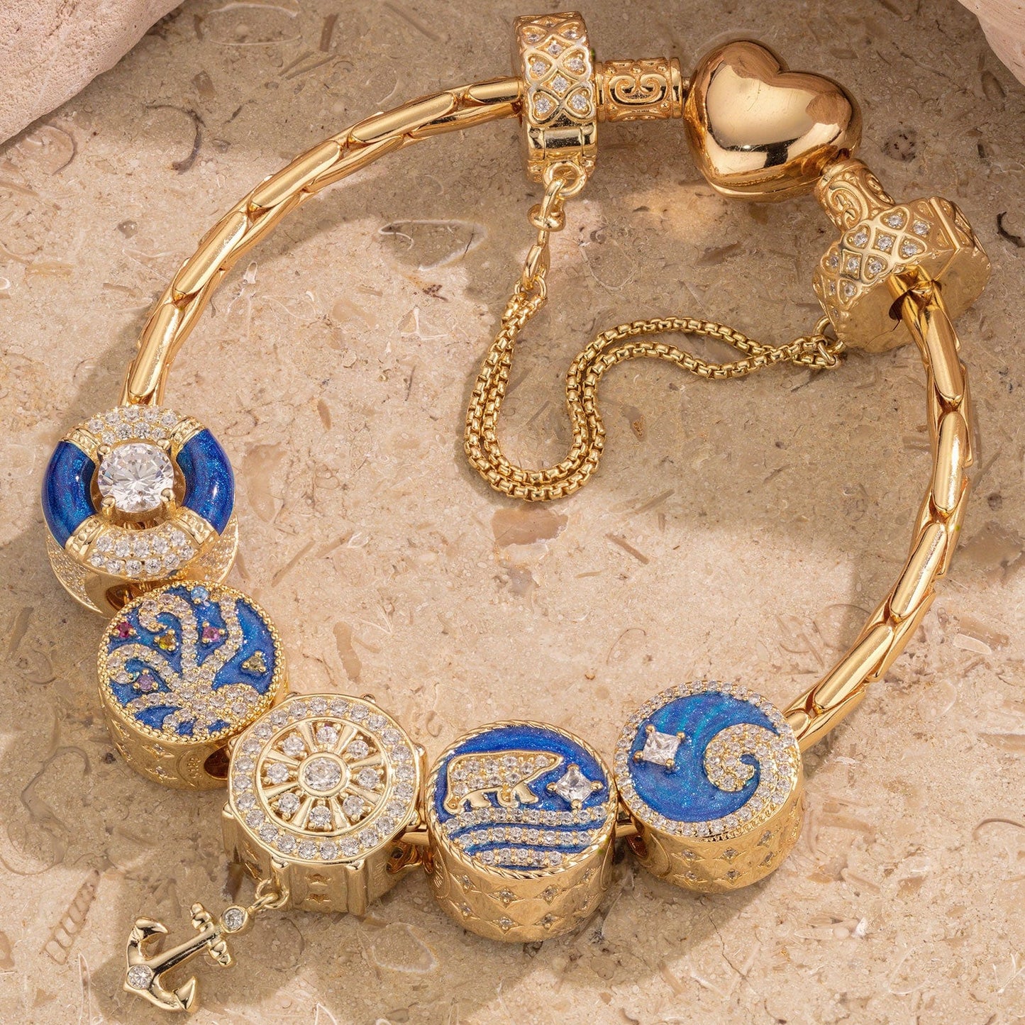 Sterling Silver Colorful Underwater World Charms Bracelet Set With Enamel In 14K Gold Plated (Includes bracelet and all charms shown)