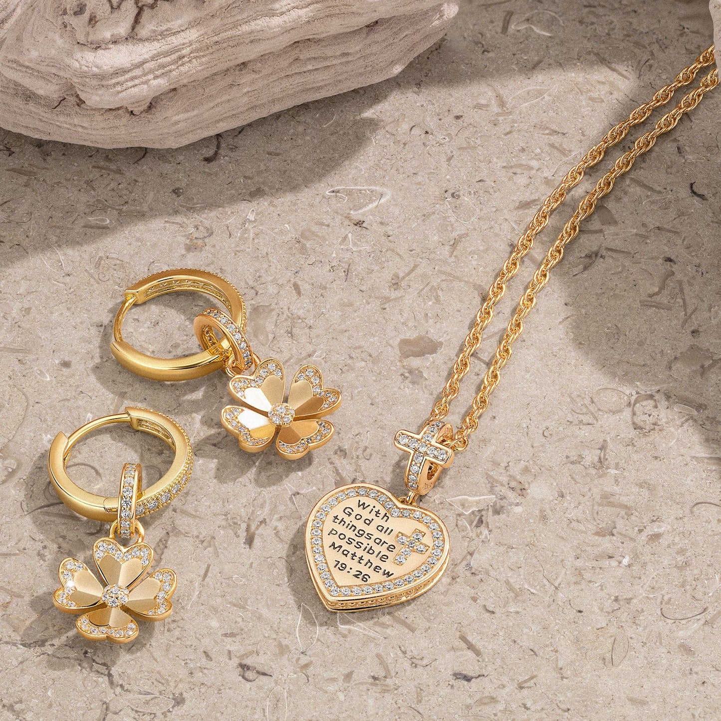 Sterling Silver Clover Heart Charms Necklace and Earrings Set With Enamel In 14K Gold Plated