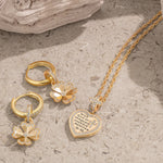 Sterling Silver Clover Heart Charms Necklace and Earrings Set With Enamel In 14K Gold Plated