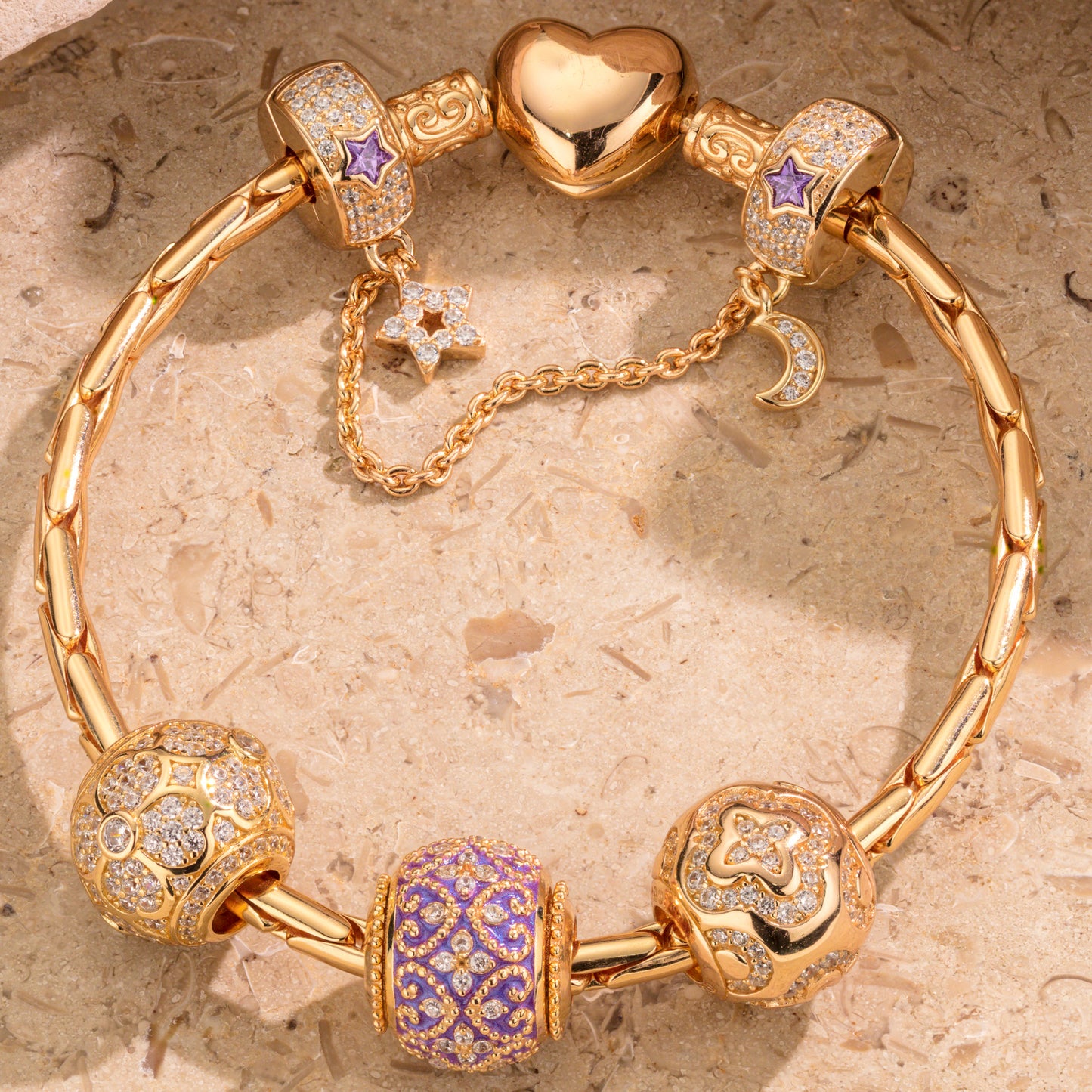 Sterling Silver Purple Luck Charms Bracelet Set With Enamel In 14K Gold Plated