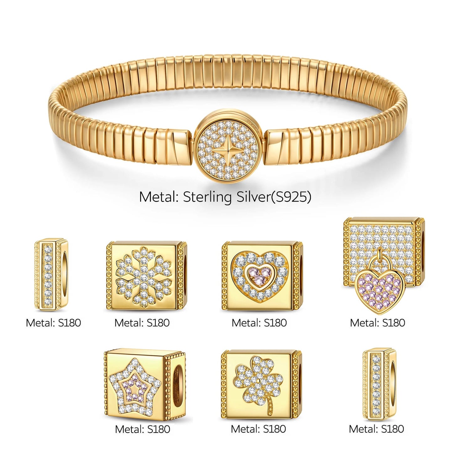 Sterling Silver Unlimited Love Rectangular Charms Bracelet Set With Enamel In 14K Gold Plated (Includes bracelet and all charms shown)