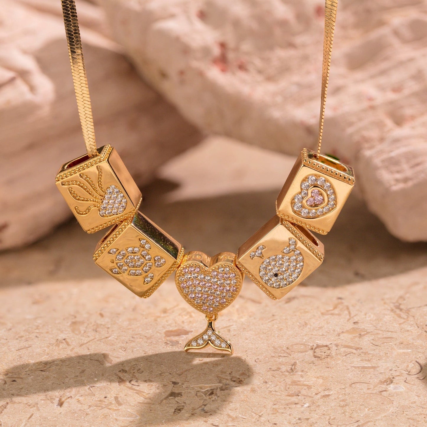Sterling Silver Maritime Beauty Rectangular Charms Necklace Set In 14K Gold Plated