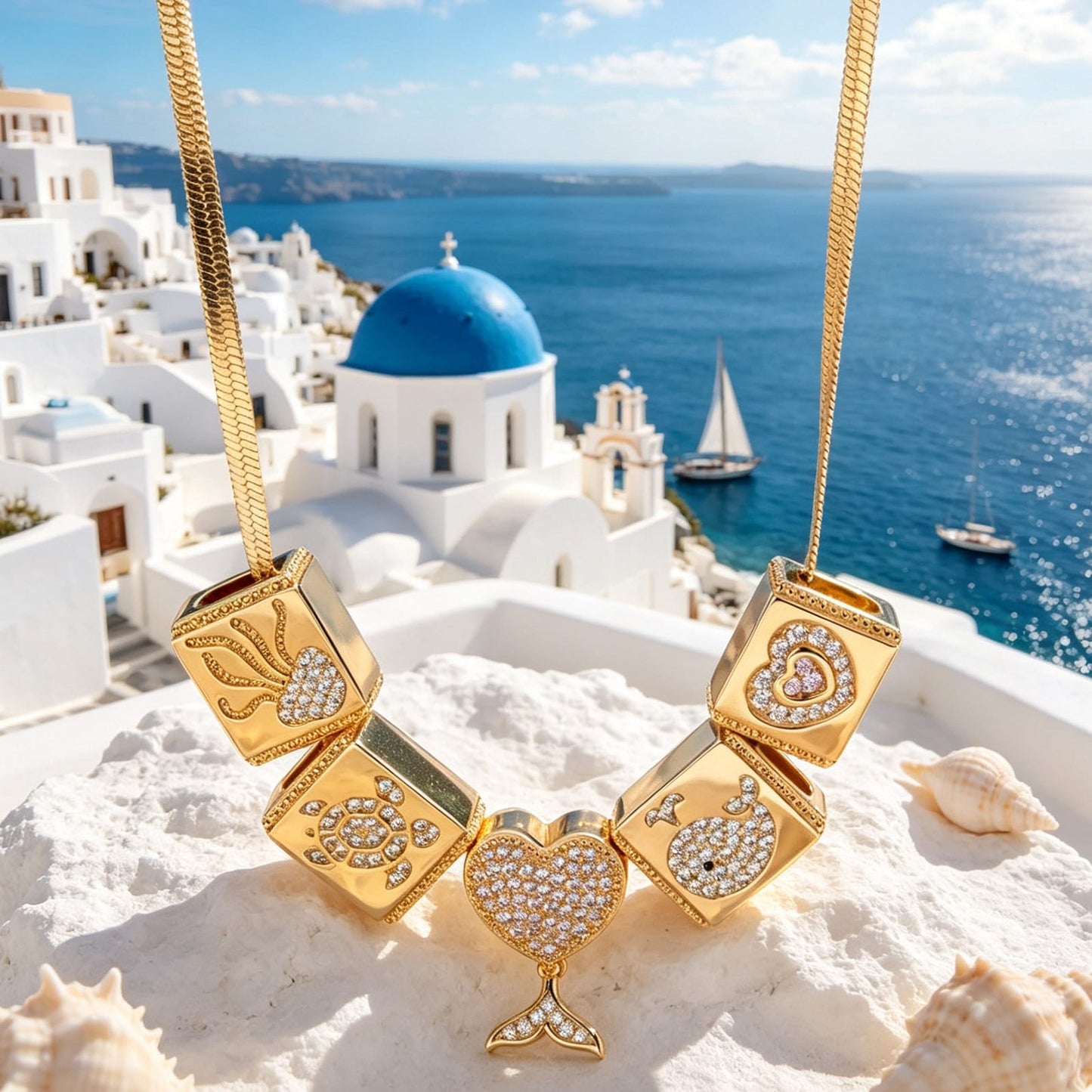 Sterling Silver Maritime Beauty Rectangular Charms Necklace Set In 14K Gold Plated