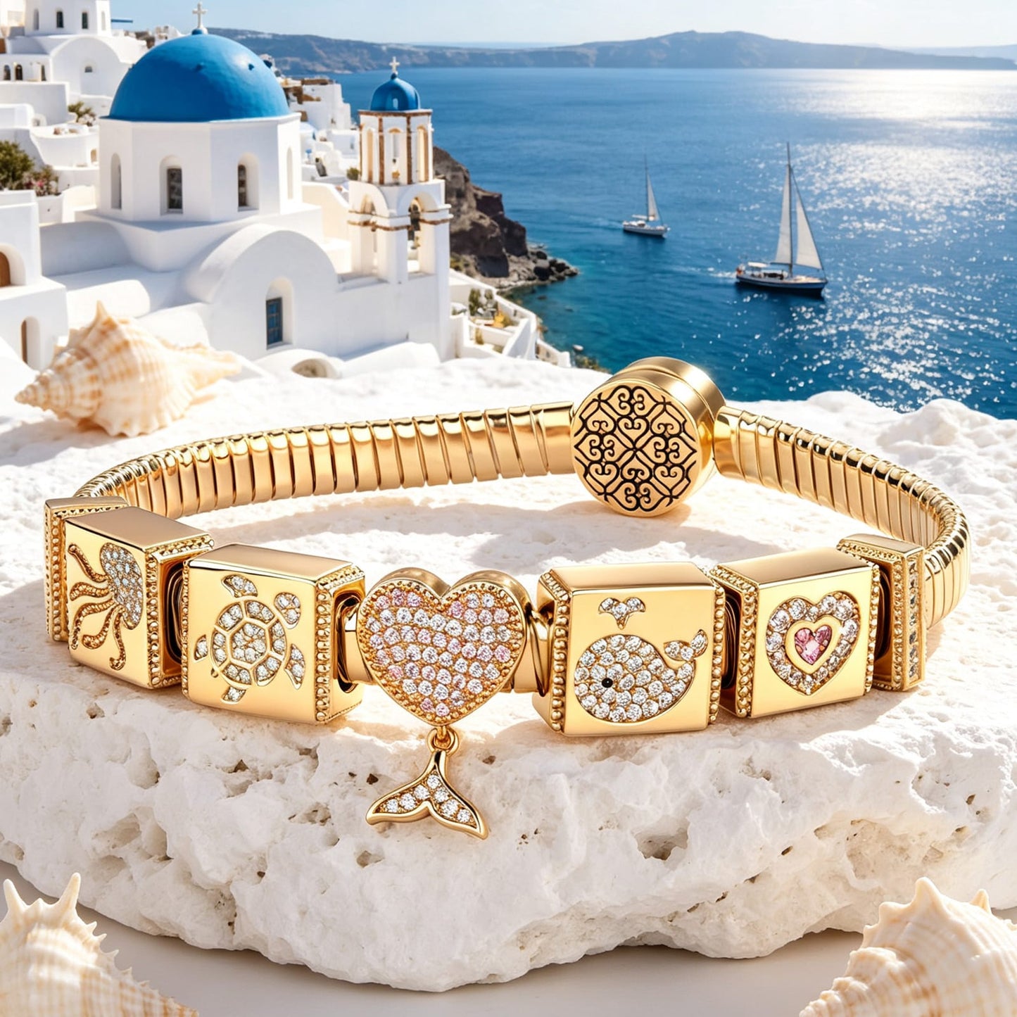 Sterling Silver Maritime Beauty Rectangular Charms Bracelet Set In 14K Gold Plated (Includes bracelet and all charms shown)