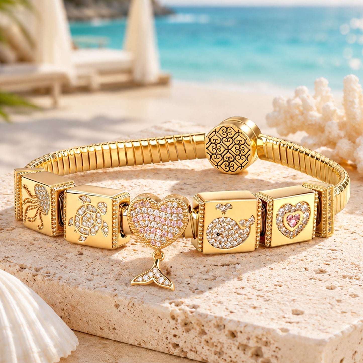 Sterling Silver Maritime Beauty Rectangular Charms Bracelet Set In 14K Gold Plated (Includes bracelet and all charms shown)