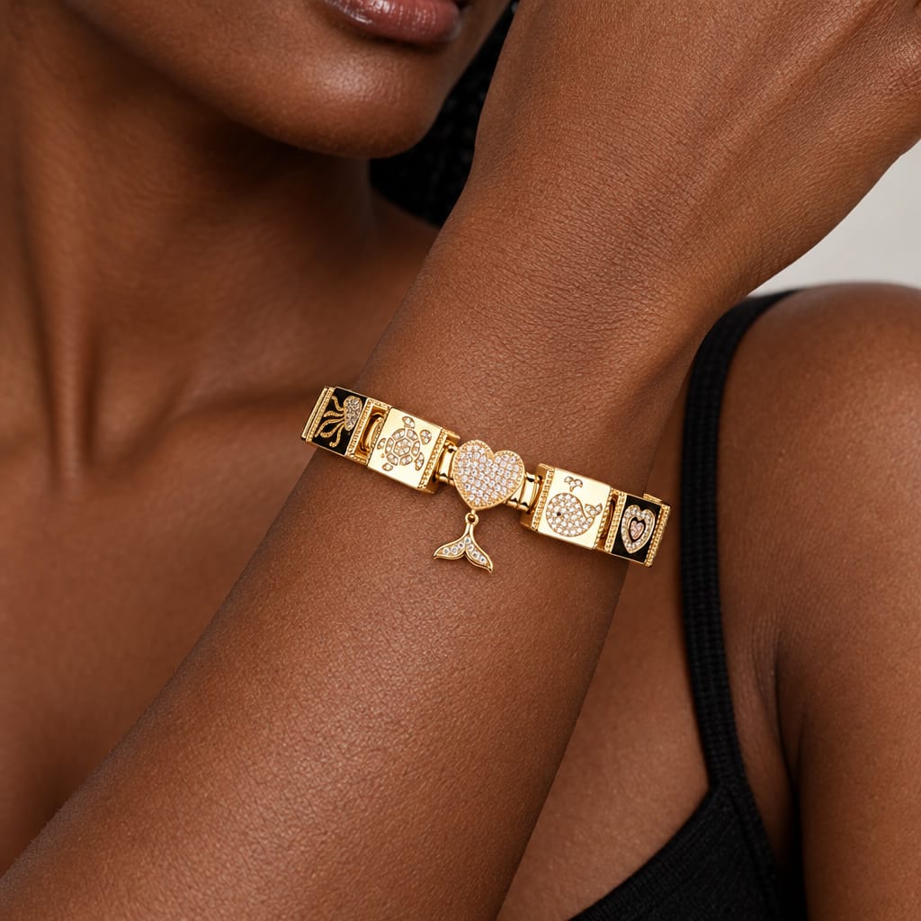Sterling Silver Maritime Beauty Rectangular Charms Bracelet Set In 14K Gold Plated (Includes bracelet and all charms shown)