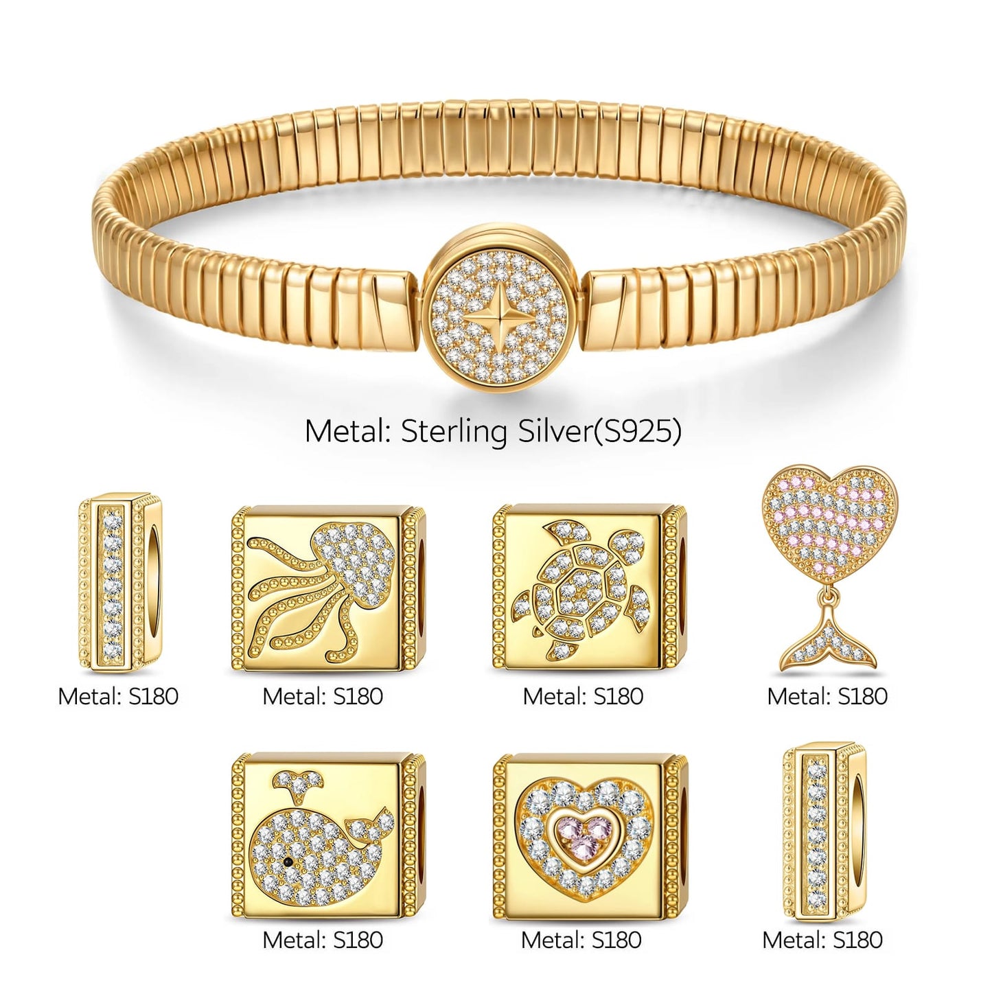 Sterling Silver Maritime Beauty Rectangular Charms Bracelet Set In 14K Gold Plated (Includes bracelet and all charms shown)