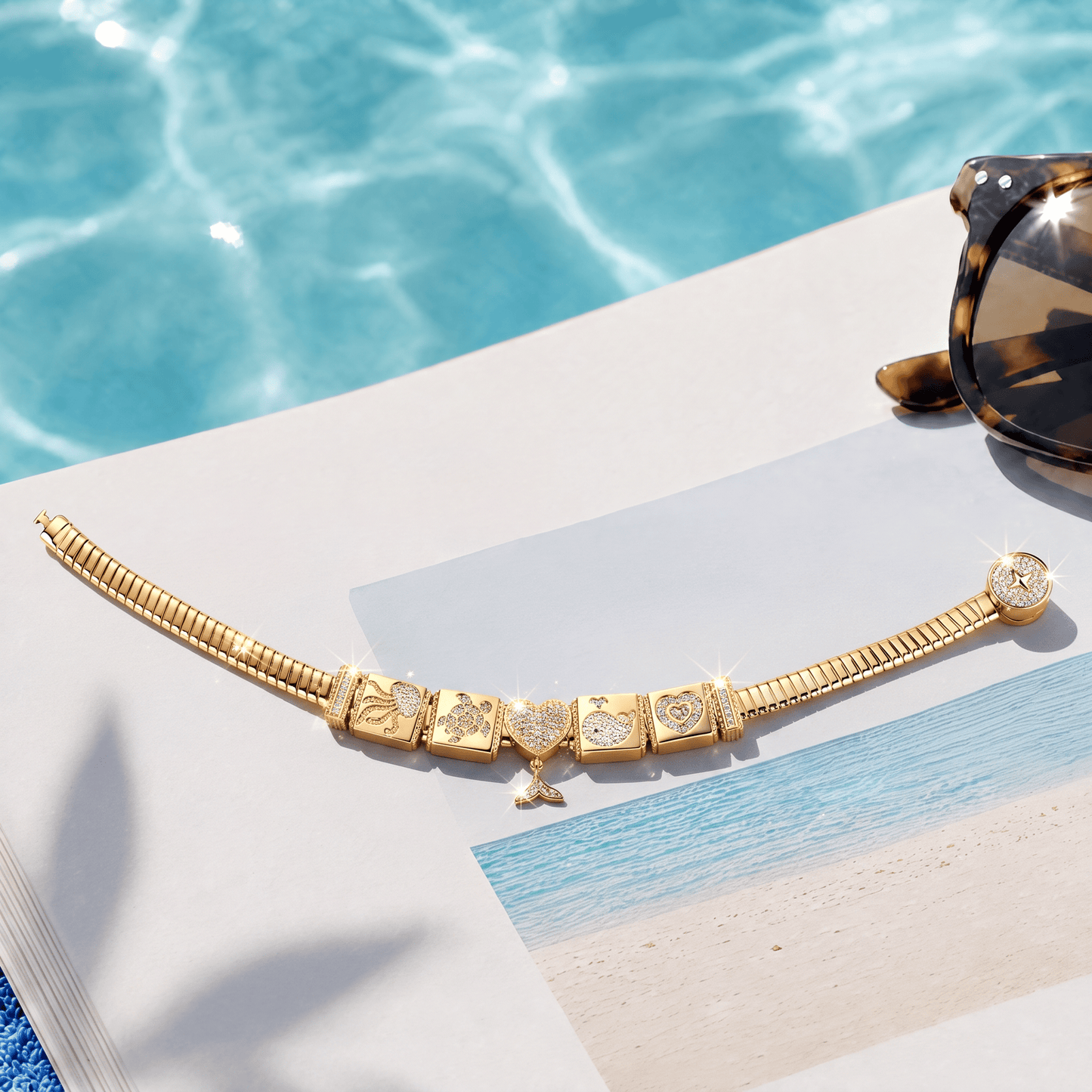 Sterling Silver Maritime Beauty Rectangular Charms Bracelet Set In 14K Gold Plated (Includes bracelet and all charms shown)