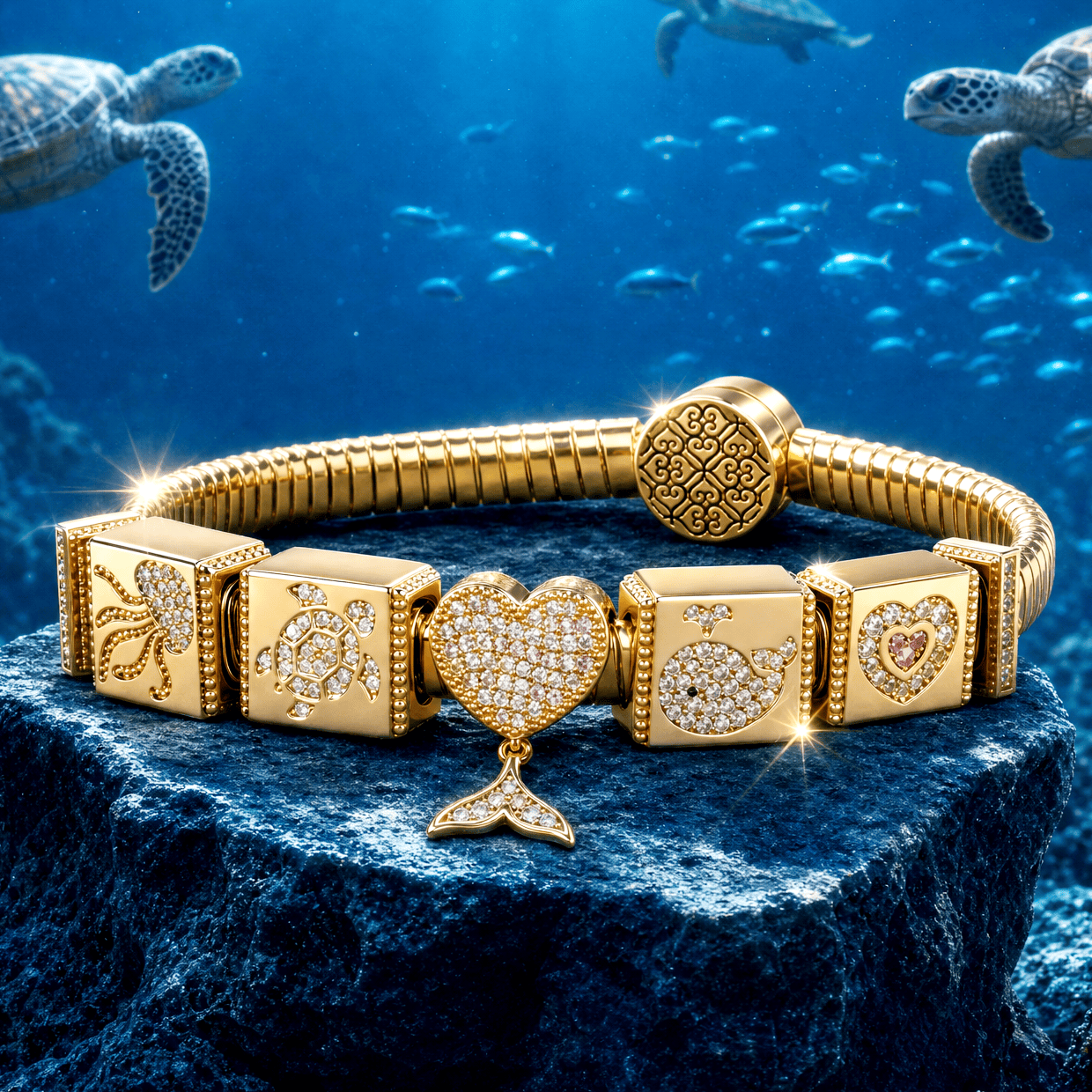 Sterling Silver Maritime Beauty Rectangular Charms Bracelet Set In 14K Gold Plated (Includes bracelet and all charms shown)