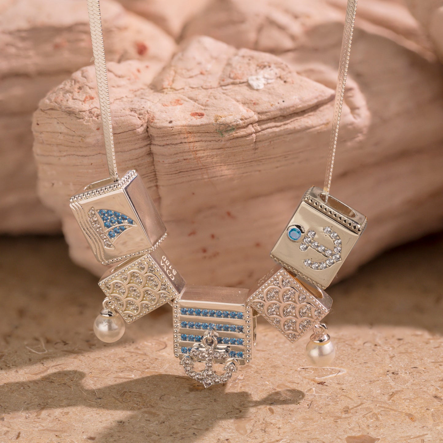 Sterling Silver Oceanic Exploration Rectangular Charms Necklace Set In White Gold Plated