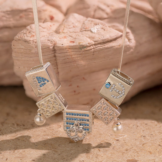 gon- Sterling Silver Oceanic Exploration Rectangular Charms Necklace Set In White Gold Plated