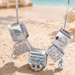 Sterling Silver Oceanic Exploration Rectangular Charms Necklace Set In White Gold Plated