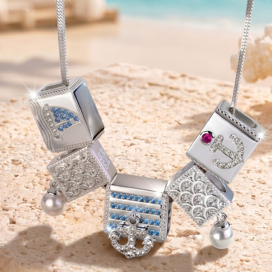 gona- Sterling Silver Oceanic Exploration Rectangular Charms Necklace Set In White Gold Plated