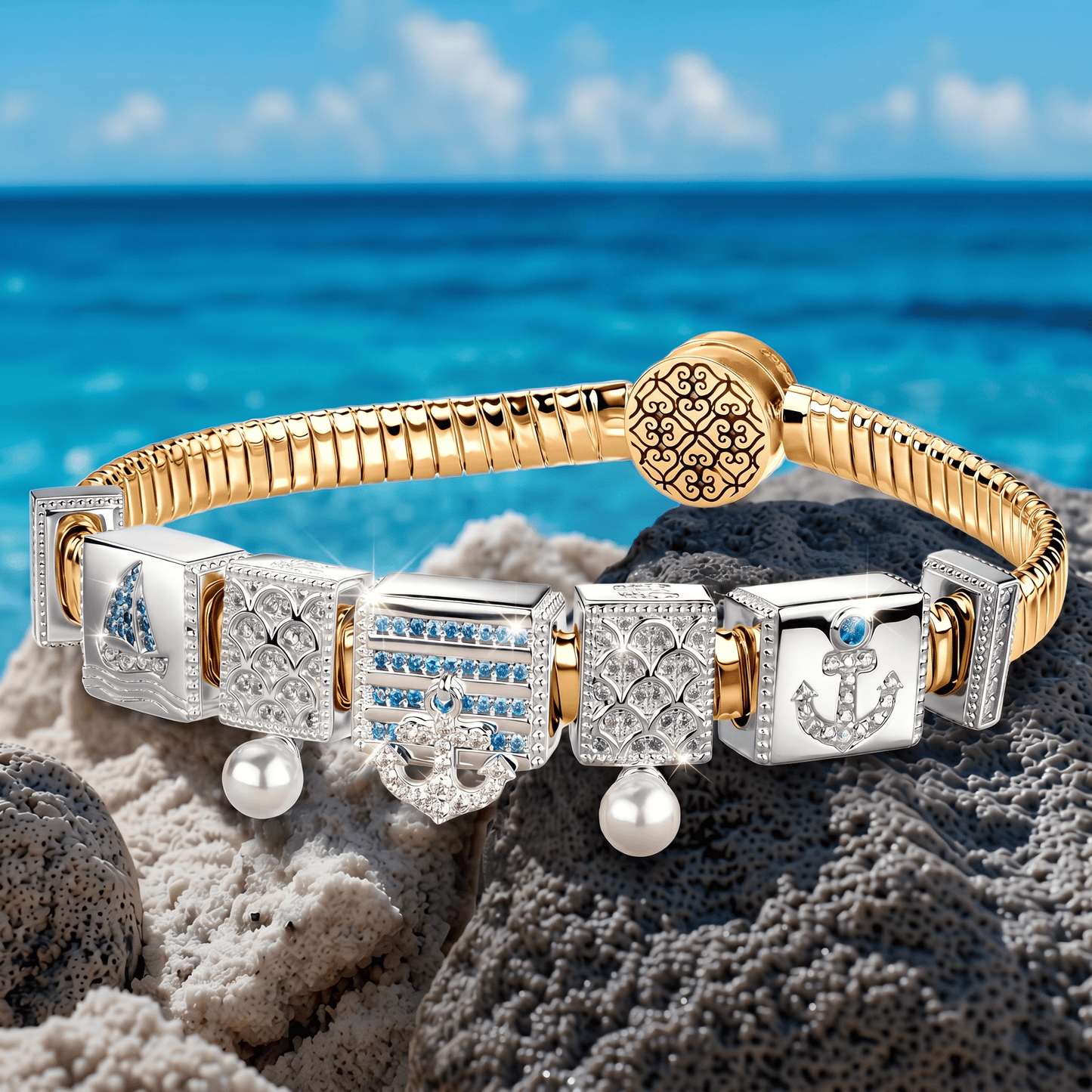 Sterling Silver Oceanic Exploration Rectangular Charms Bracelet Set In White Gold Plated (Includes bracelet and all charms shown)