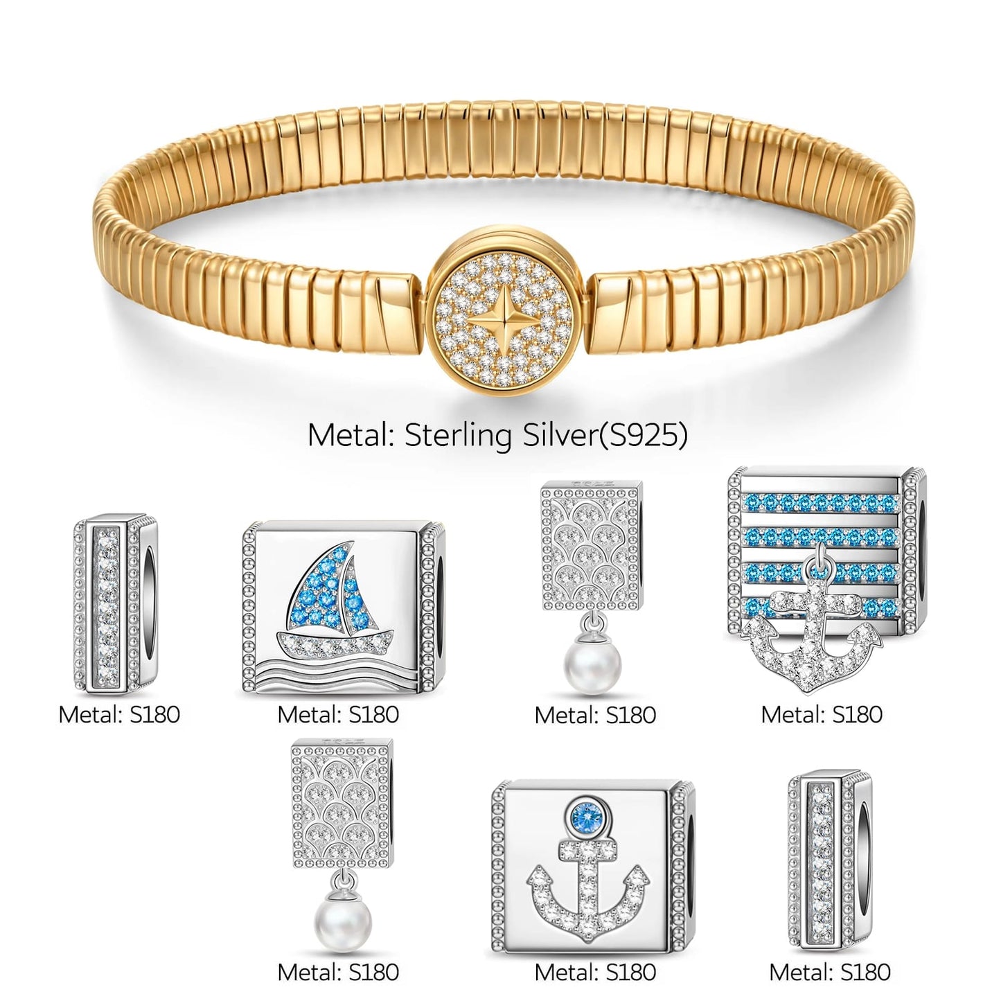 Sterling Silver Oceanic Exploration Rectangular Charms Bracelet Set In White Gold Plated (Includes bracelet and all charms shown)