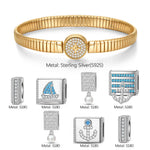 Sterling Silver Oceanic Exploration Rectangular Charms Bracelet Set In White Gold Plated (Includes bracelet and all charms shown)