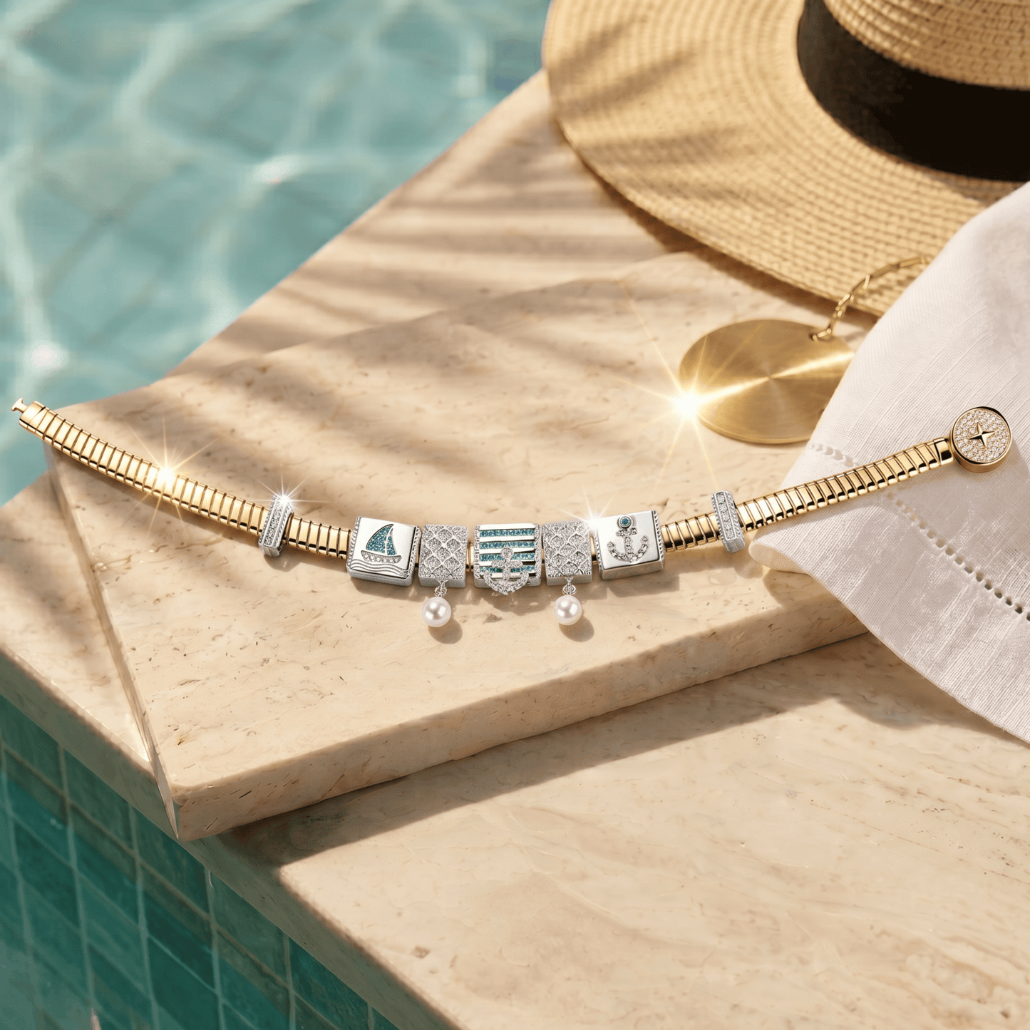 Sterling Silver Oceanic Exploration Rectangular Charms Bracelet Set In White Gold Plated (Includes bracelet and all charms shown)