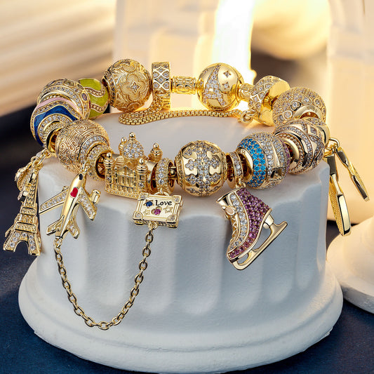 gon- Sterling Silver Sporting Paris Charms Bracelet Set With Enamel In 14K Gold Plated