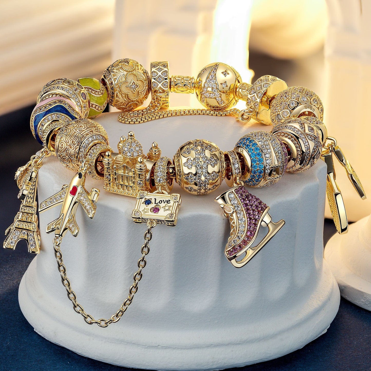 Sterling Silver Sporting Paris Charms Bracelet Set With Enamel In 14K Gold Plated (Includes bracelet and all charms shown)