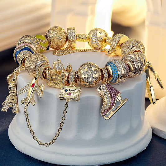 gona- Sterling Silver Sporting Paris Charms Bracelet Set With Enamel In 14K Gold Plated (Includes bracelet and all charms shown)