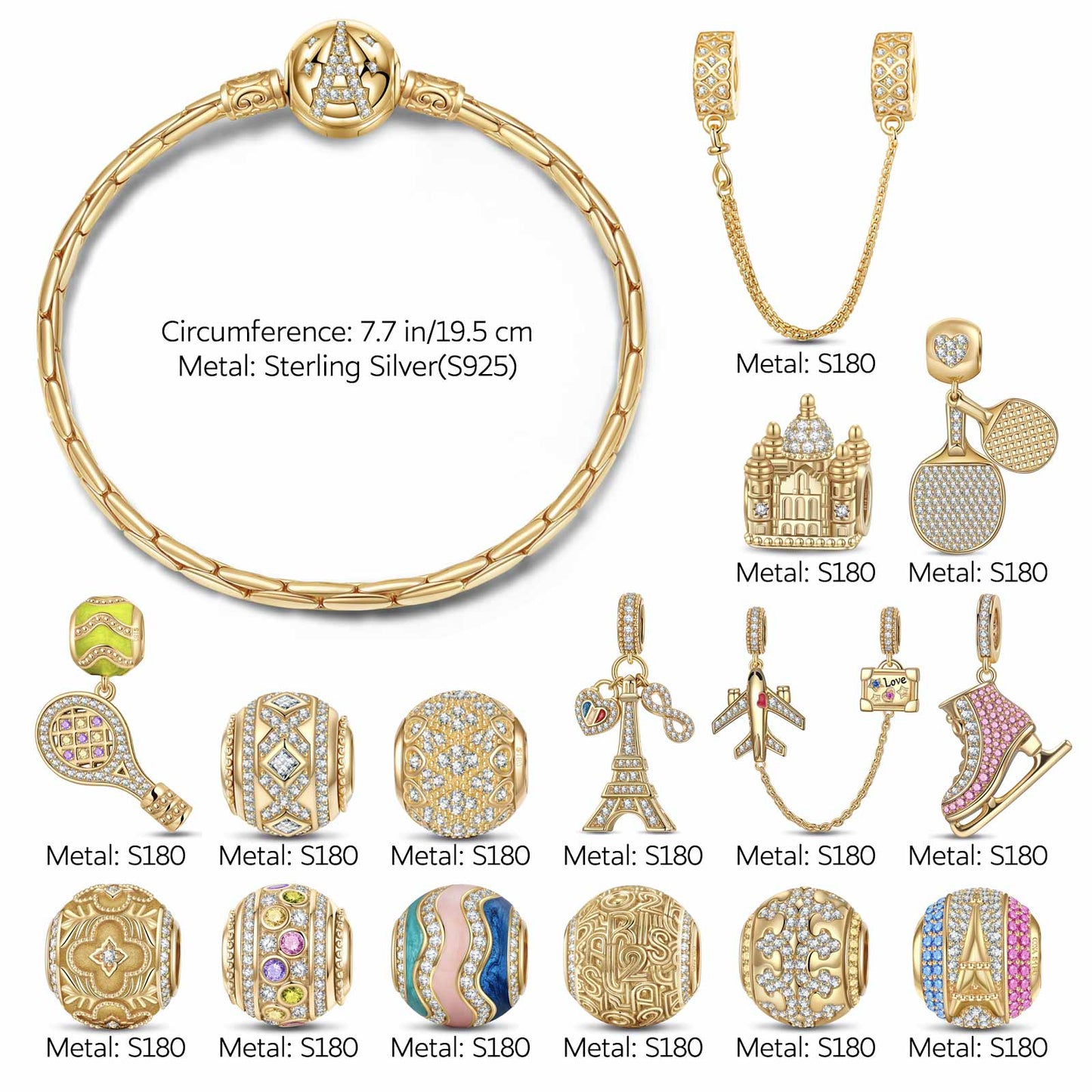 Sterling Silver Sporting Paris Charms Bracelet Set With Enamel In 14K Gold Plated