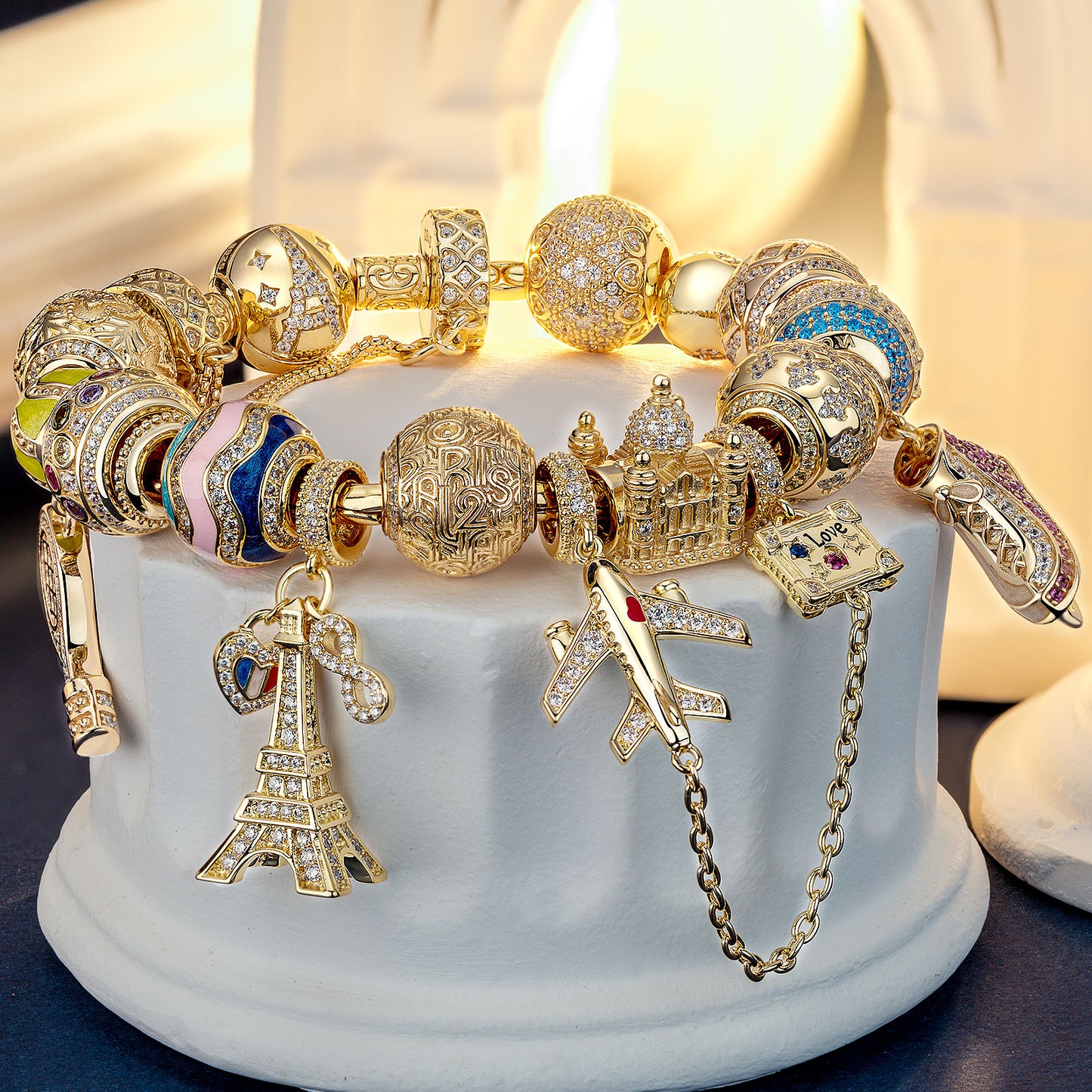 Sterling Silver Sporting Paris Charms Bracelet Set With Enamel In 14K Gold Plated