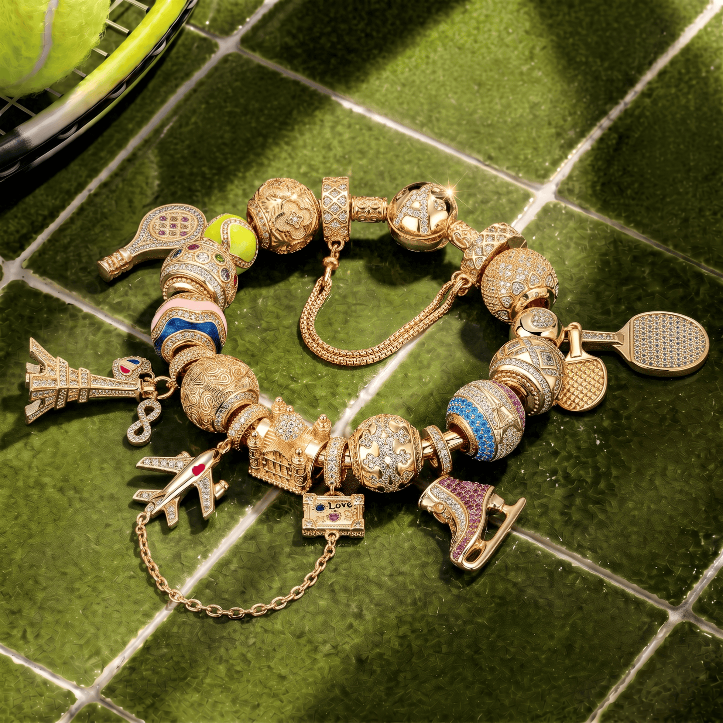 Sterling Silver Sporting Paris Charms Bracelet Set With Enamel In 14K Gold Plated (Includes bracelet and all charms shown)
