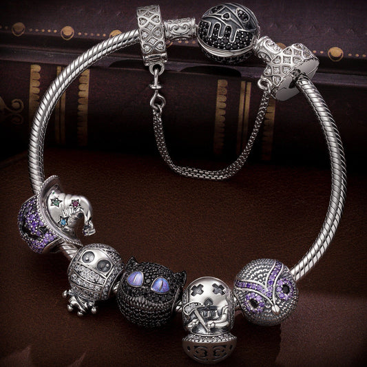 gon- Sterling Silver Spooky Fun Charms Bracelet Set With Enamel In Two-Tone Plating (Includes bracelet and all charms shown)