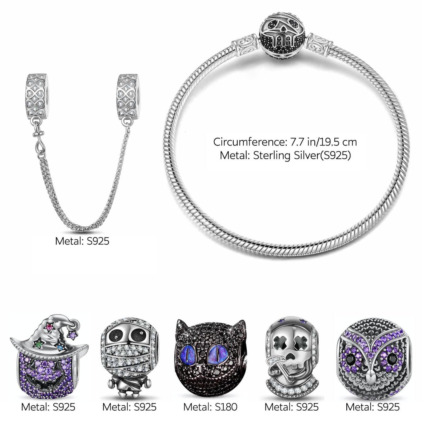 Sterling Silver Spooky Fun Charms Bracelet Set With Enamel In Two-Tone Plating