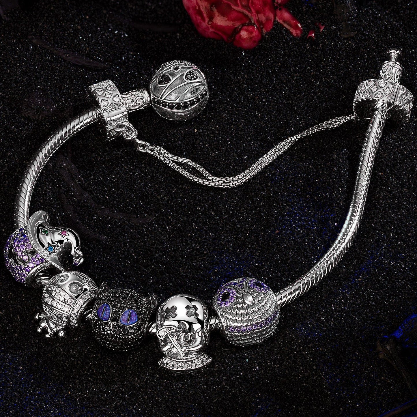 Sterling Silver Spooky Fun Charms Bracelet Set With Enamel In Two-Tone Plating