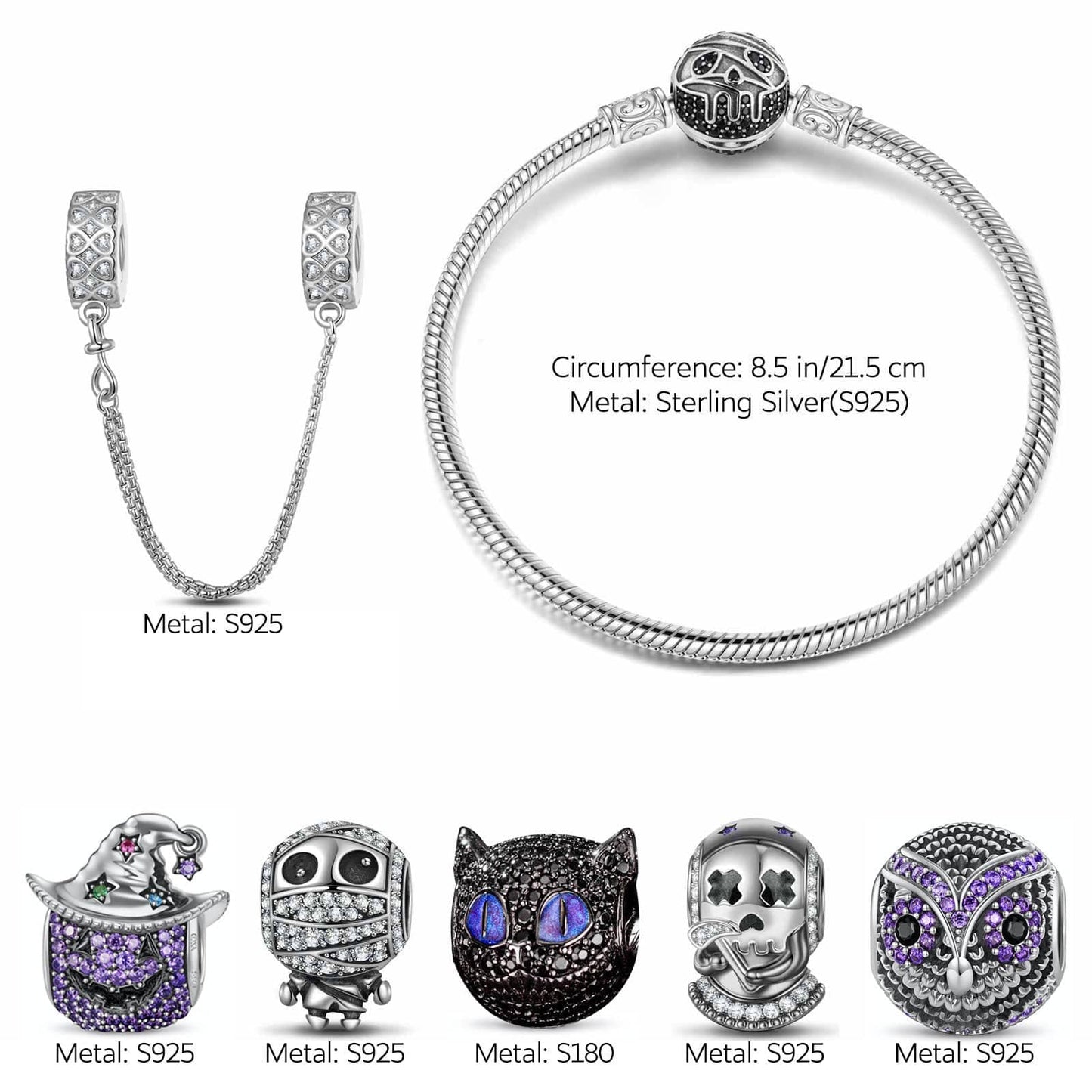 Sterling Silver Spooky Fun Charms Bracelet Set With Enamel In Two-Tone Plating (Includes bracelet and all charms shown)