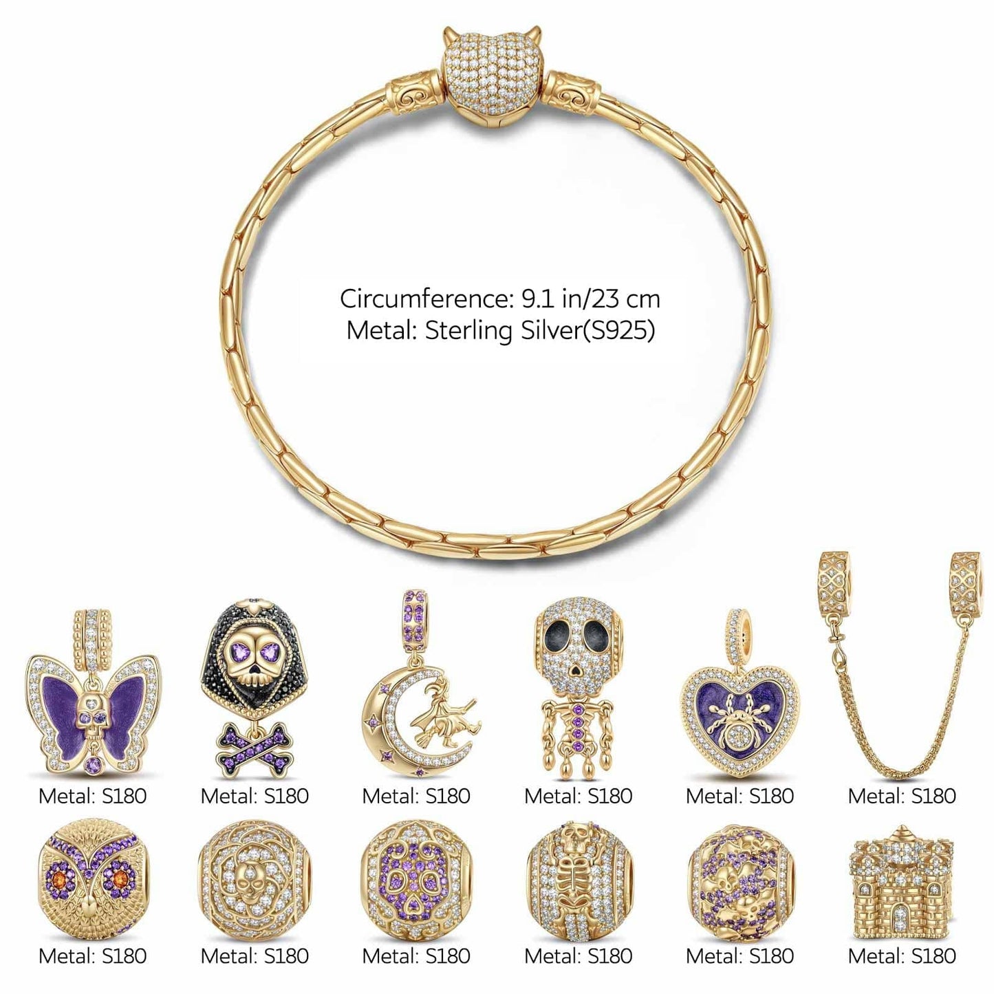 Sterling Silver Haunting Ghost Charms Bracelet Set With Enamel In Two-Tone Plating (Includes bracelet and all charms shown)