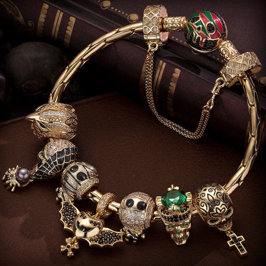 gon- Sterling Silver Kingly Halloween Charms Bracelet Set With Enamel In 14K Gold Plated