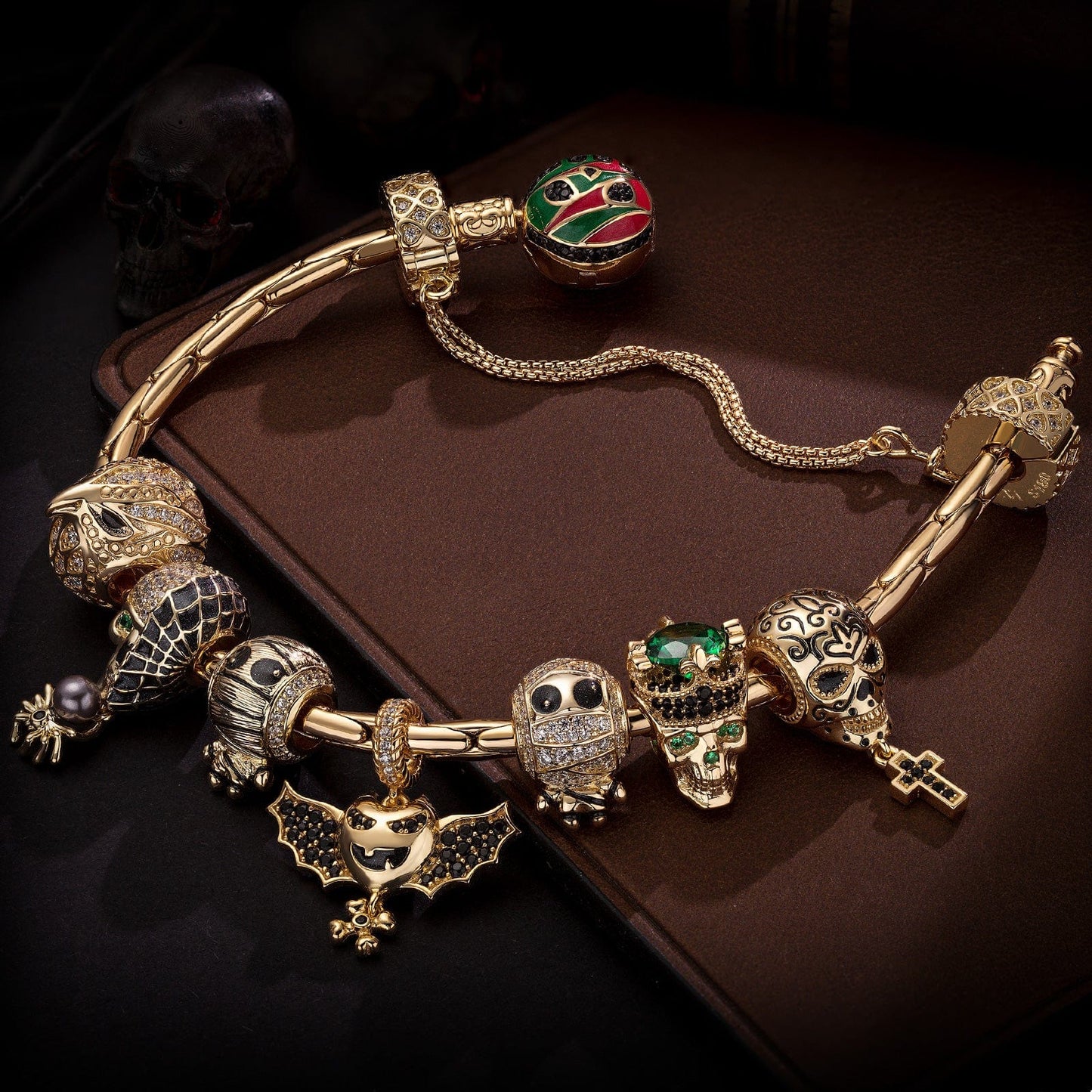 Sterling Silver Kingly Halloween Charms Bracelet Set With Enamel In 14K Gold Plated