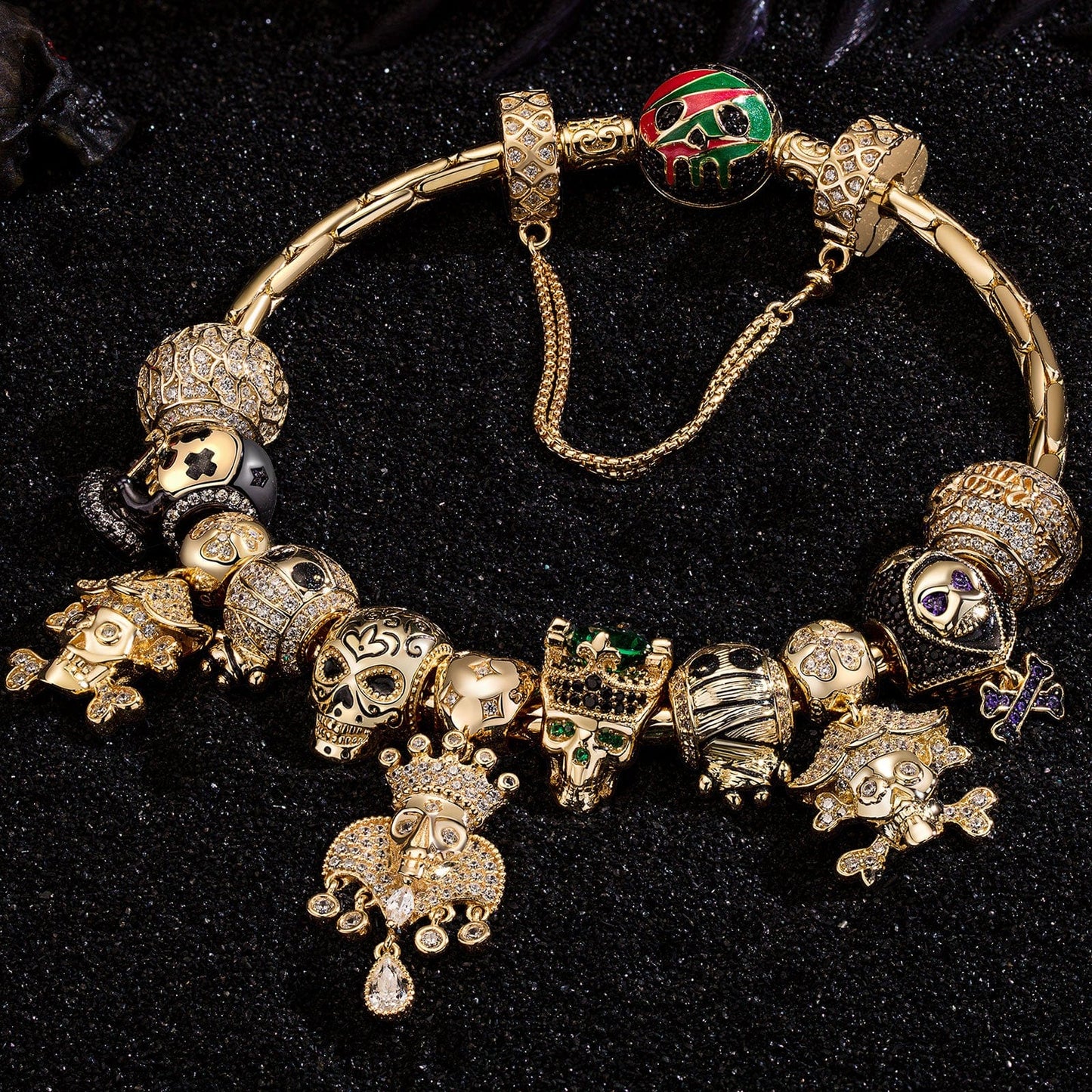 Limited Edition Flash Sale: Sterling Silver Skull Empire Charms Bracelet Set With Enamel In 14K Gold Plated