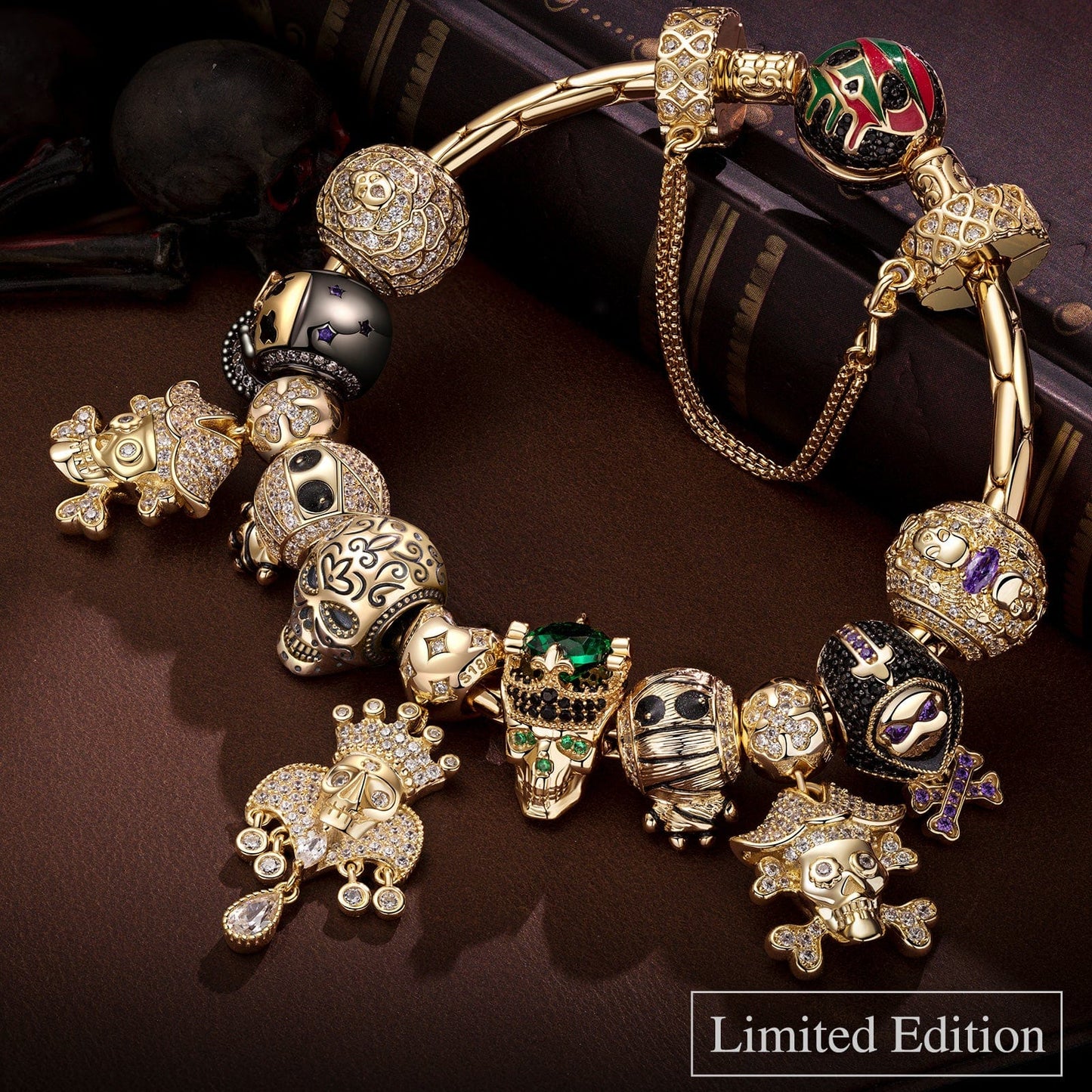 Limited Edition Flash Sale: Sterling Silver Skull Empire Charms Bracelet Set With Enamel In 14K Gold Plated (Includes bracelet and all charms shown)